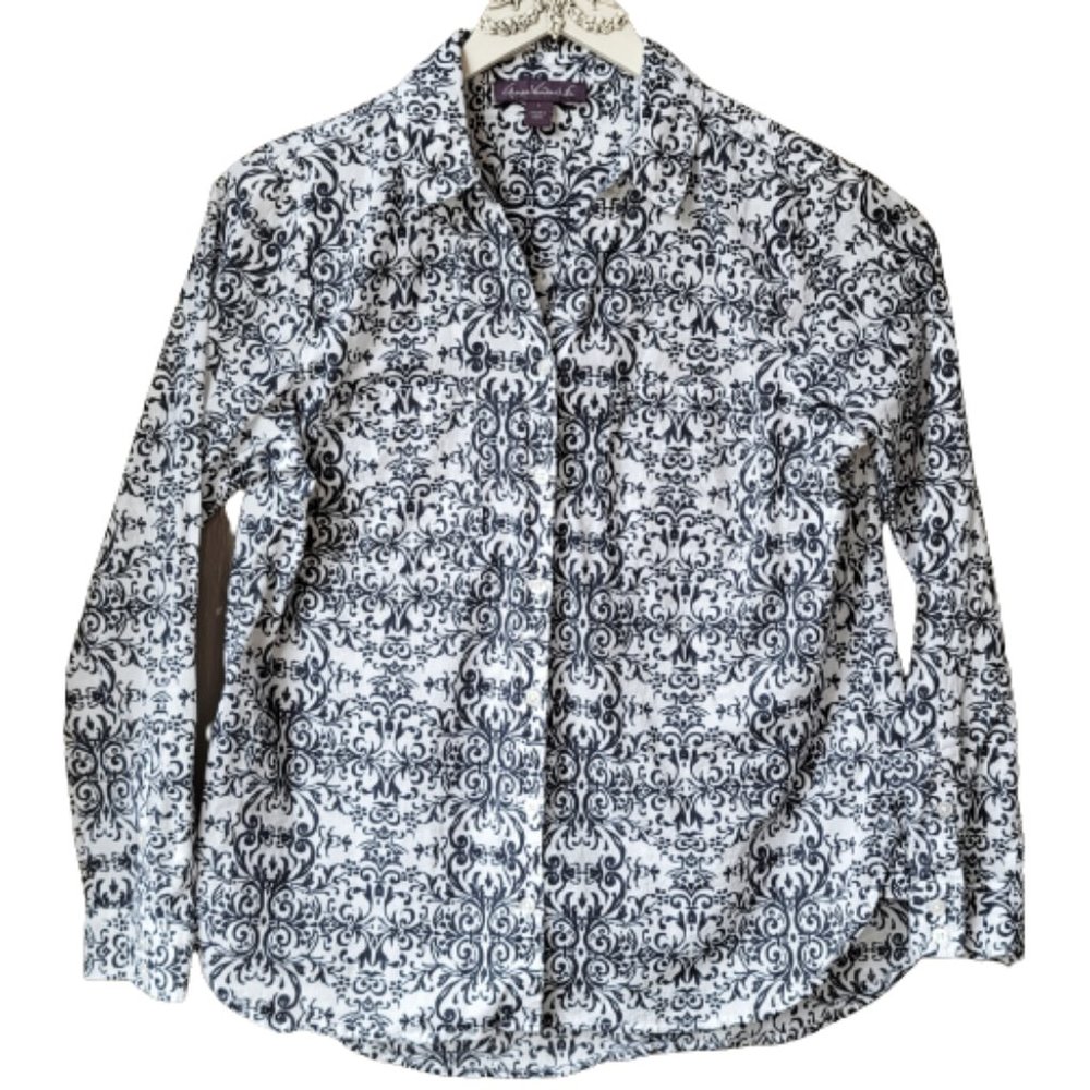Gloria Vanderbilt Button Down Oxford Cuffed Long Sleeve Open Blouse Shirt Size L